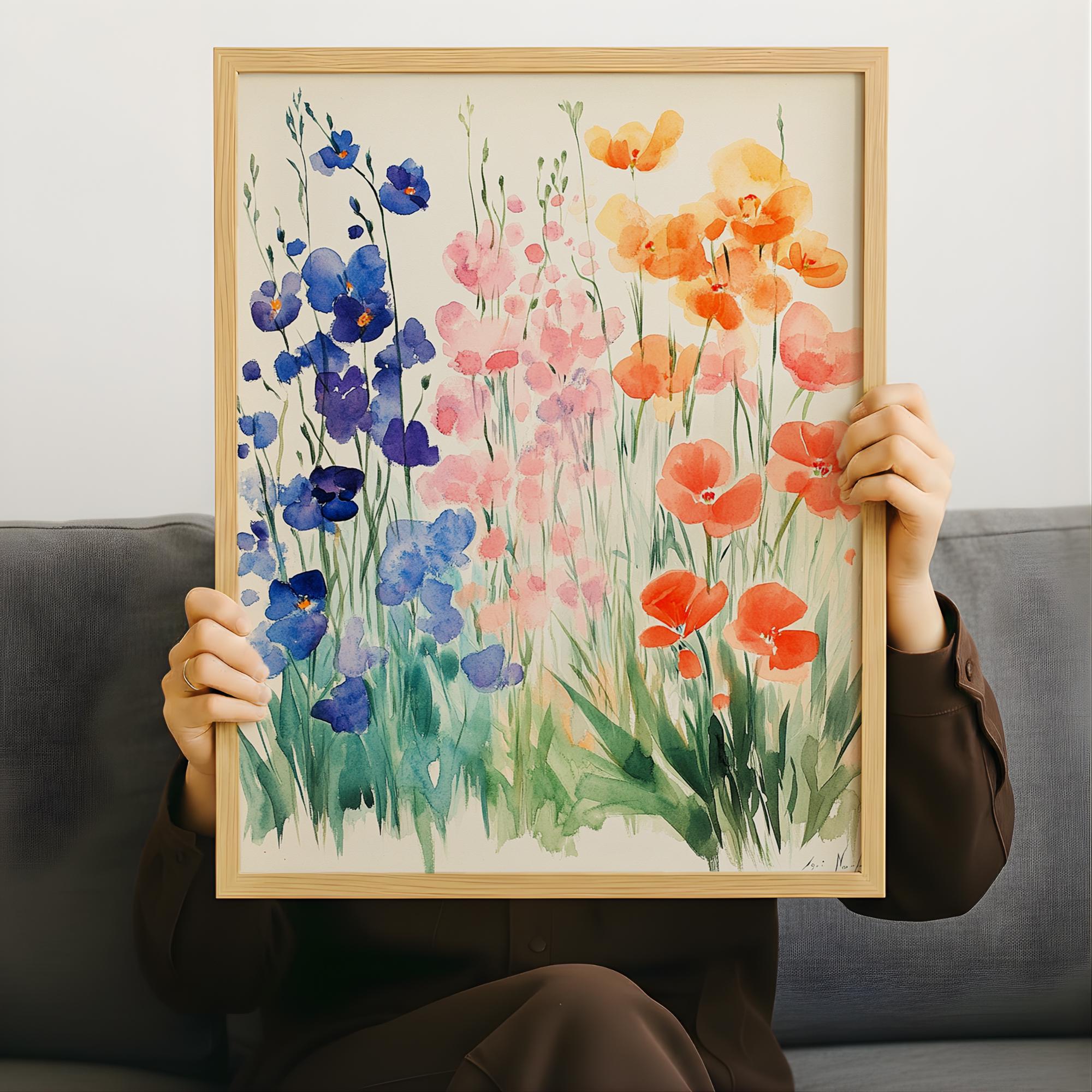 Soft Watercolor Wildflower Wall Art, Blue Peach Floral Meadow Illustration, Light Botanical Print, Airy Cottage Garden Home Decor