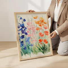 Soft Watercolor Wildflower Wall Art, Blue Peach Floral Meadow Illustration, Light Botanical Print, Airy Cottage Garden Home Decor
