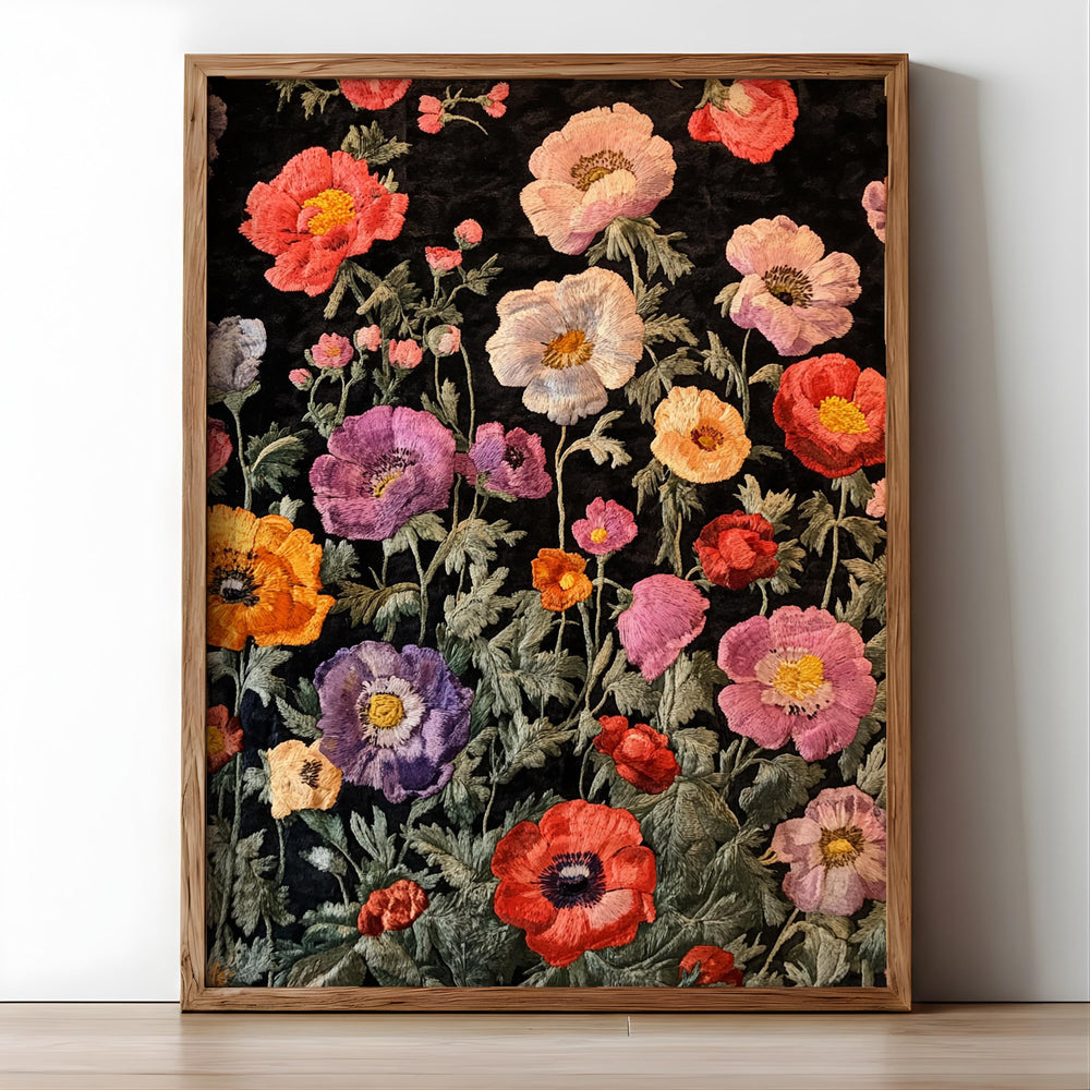 Vintage Floral Pattern Wall Art, Dark Botanical Garden Illustration, Colorful Wildflower Design, Cottagecore Home Decor Print