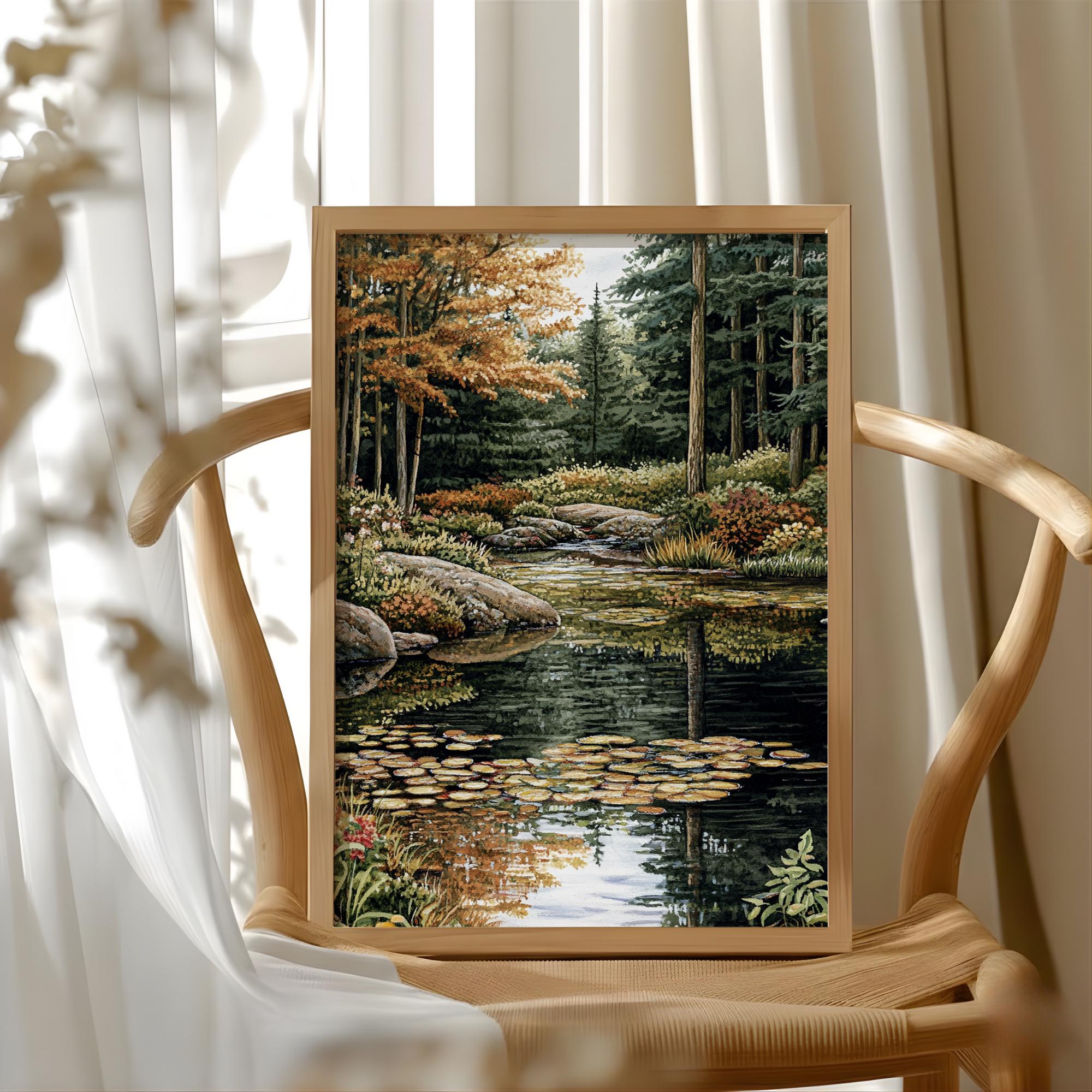 Forest Stream Wall Art, Tranquil Woodland Creek Landscape Print, Nature-Inspired River Scene Canvas, Peaceful Green Forest Decor