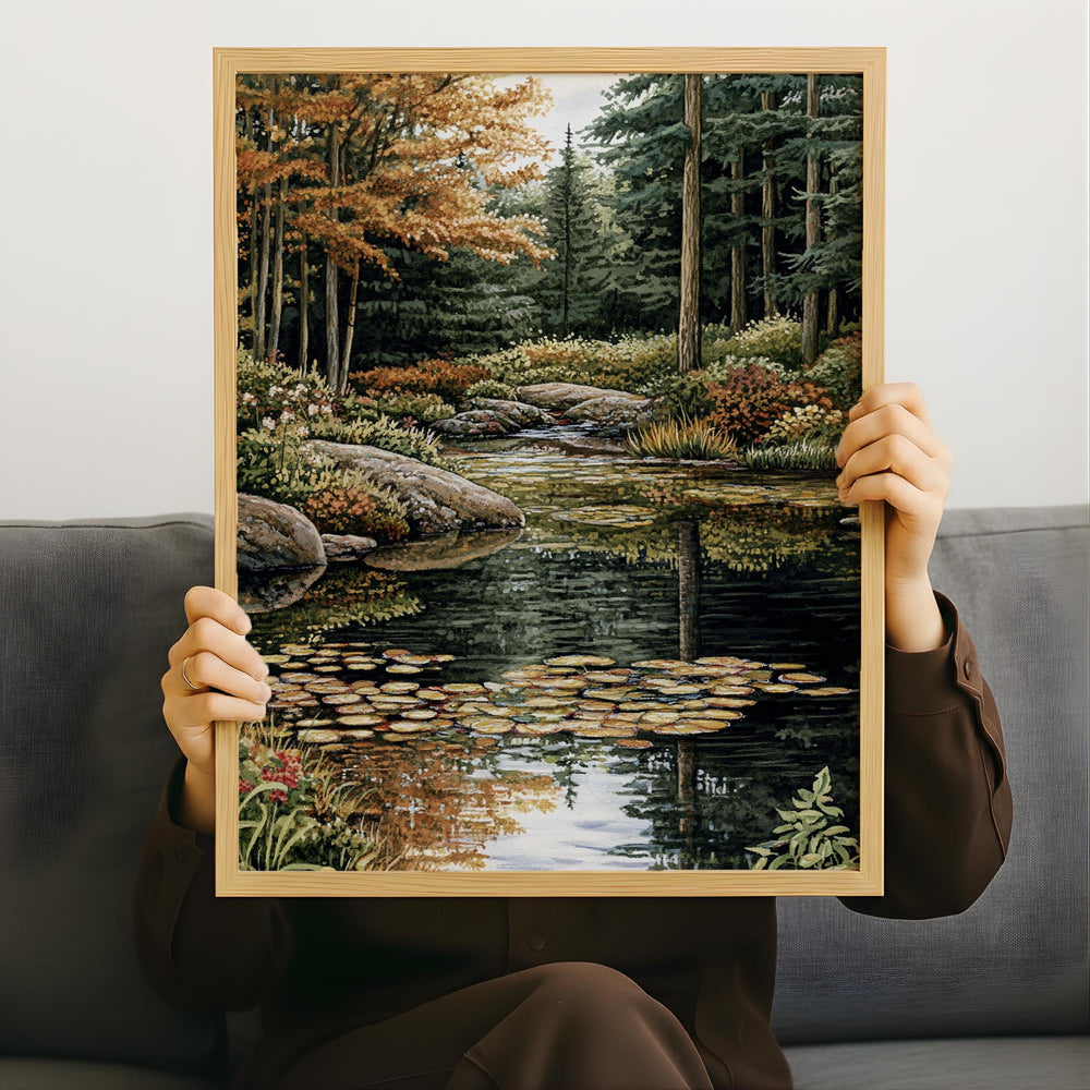 Forest Stream Wall Art, Tranquil Woodland Creek Landscape Print, Nature-Inspired River Scene Canvas, Peaceful Green Forest Decor