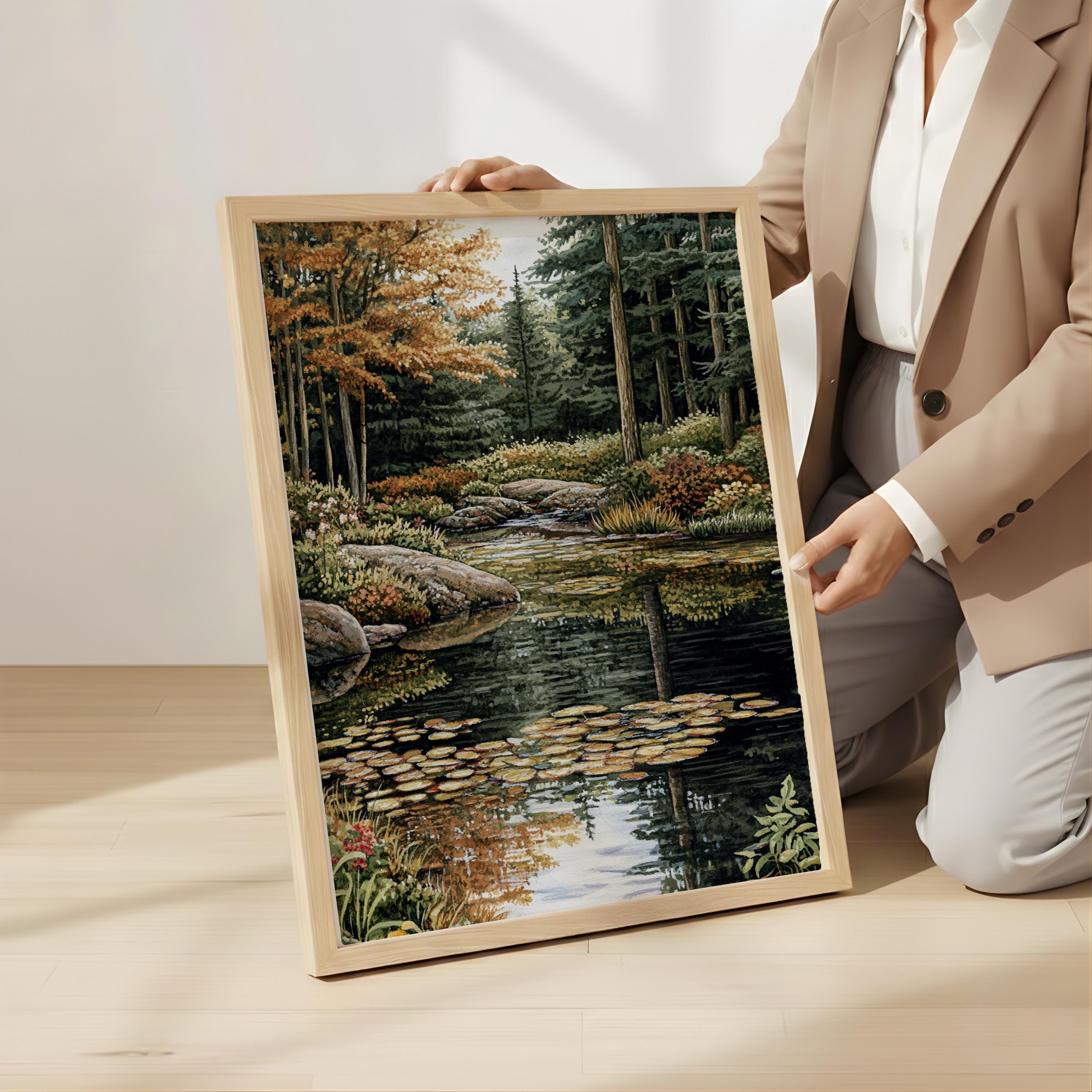 Forest Stream Wall Art, Tranquil Woodland Creek Landscape Print, Nature-Inspired River Scene Canvas, Peaceful Green Forest Decor