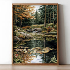 Forest Stream Wall Art, Tranquil Woodland Creek Landscape Print, Nature-Inspired River Scene Canvas, Peaceful Green Forest Decor