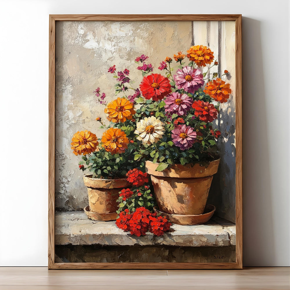 Warm Rustic Flower Pot Wall Art, Sunlit Garden Still Life Canvas, Earthy Cottage Floral Artwork, Farmhouse Interior Decor
