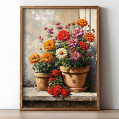 Warm Rustic Flower Pot Wall Art, Sunlit Garden Still Life Canvas, Earthy Cottage Floral Artwork, Farmhouse Interior Decor