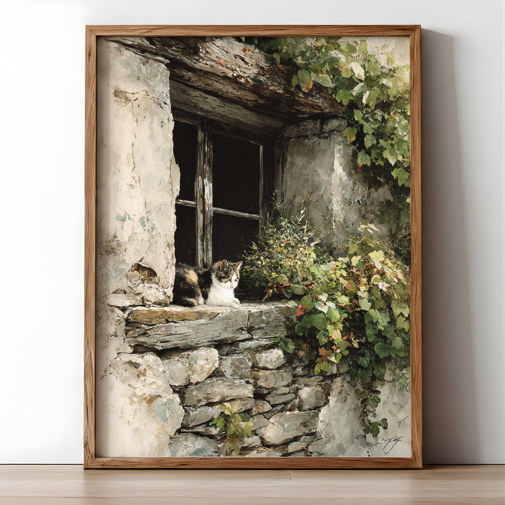 Vintage Stone Window Wall Art, Rustic Cat Cottage Canvas, Weathered European Farmhouse Artwork, Cozy Country Home Decor