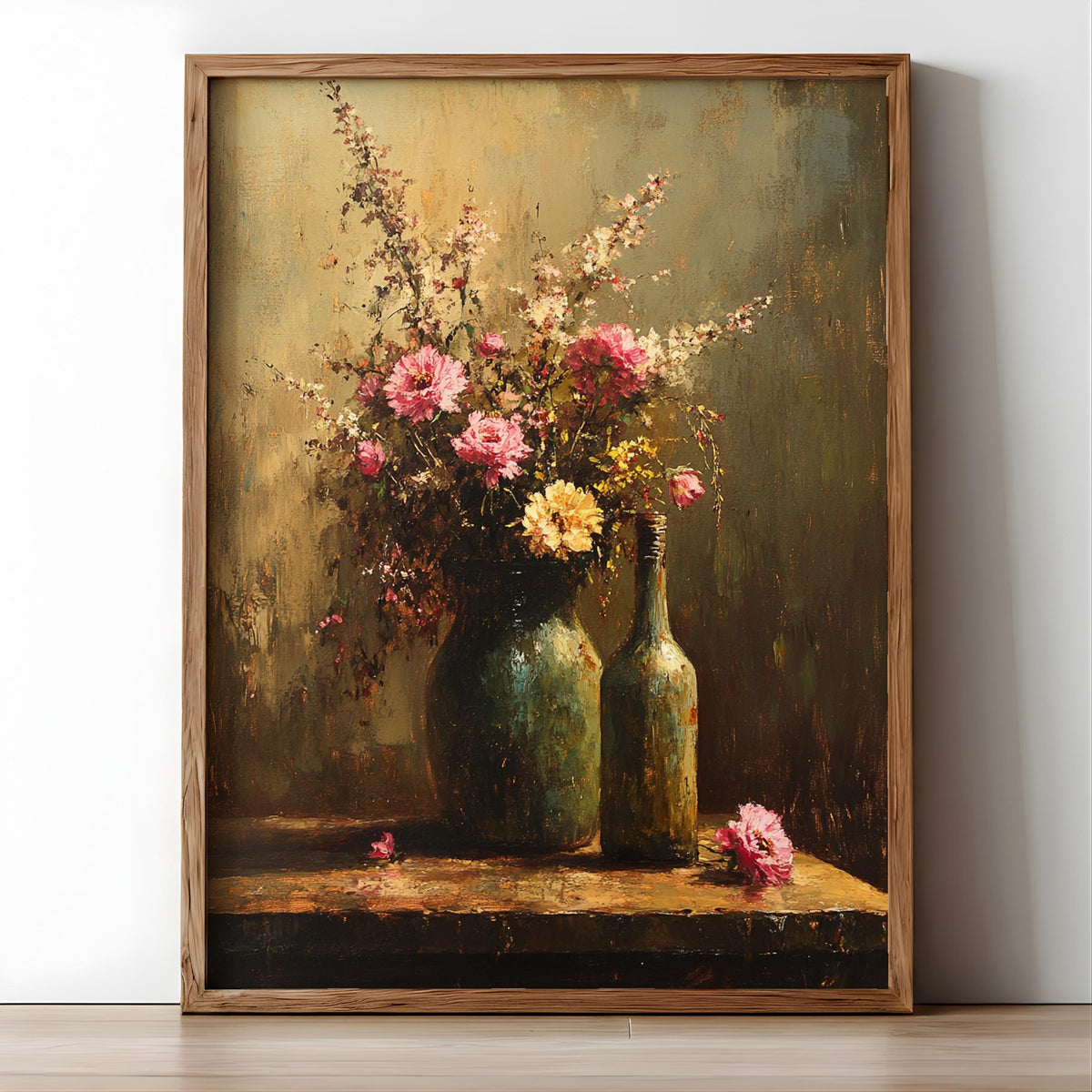 Moody Wildflower Still Life Wall Art, Vintage Floral Bottle Painting, Dark Rustic Floral Canvas, Cottagecore Home Decor