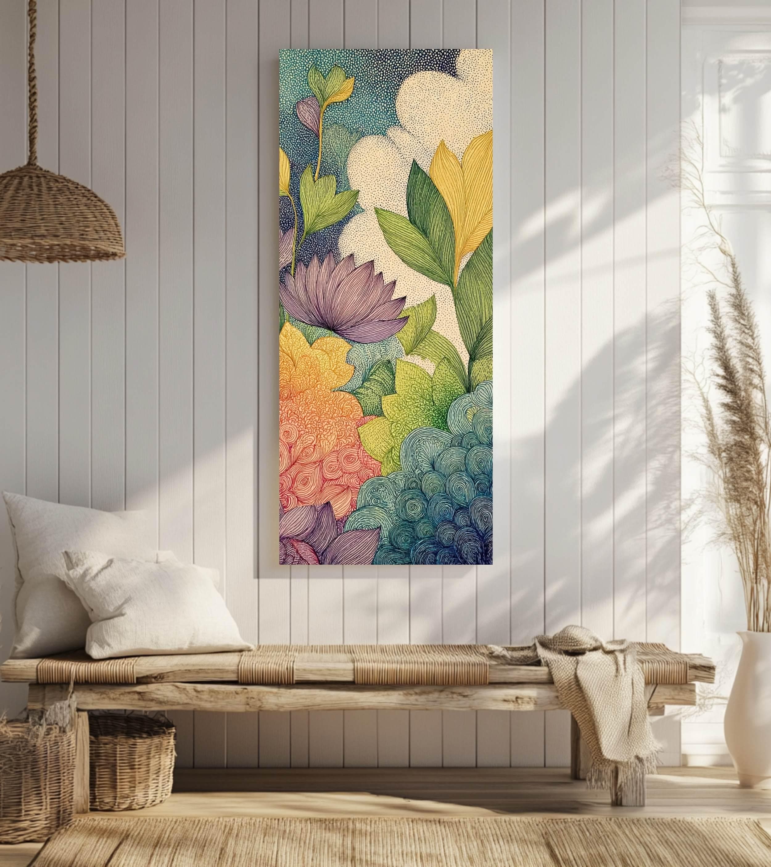 Abstract Botanical Garden Wall Art, Tall Vertical Framed Canvas, Colorful Floral Illustration, Modern Nature Decor
