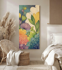 Abstract Botanical Garden Wall Art, Tall Vertical Framed Canvas, Colorful Floral Illustration, Modern Nature Decor