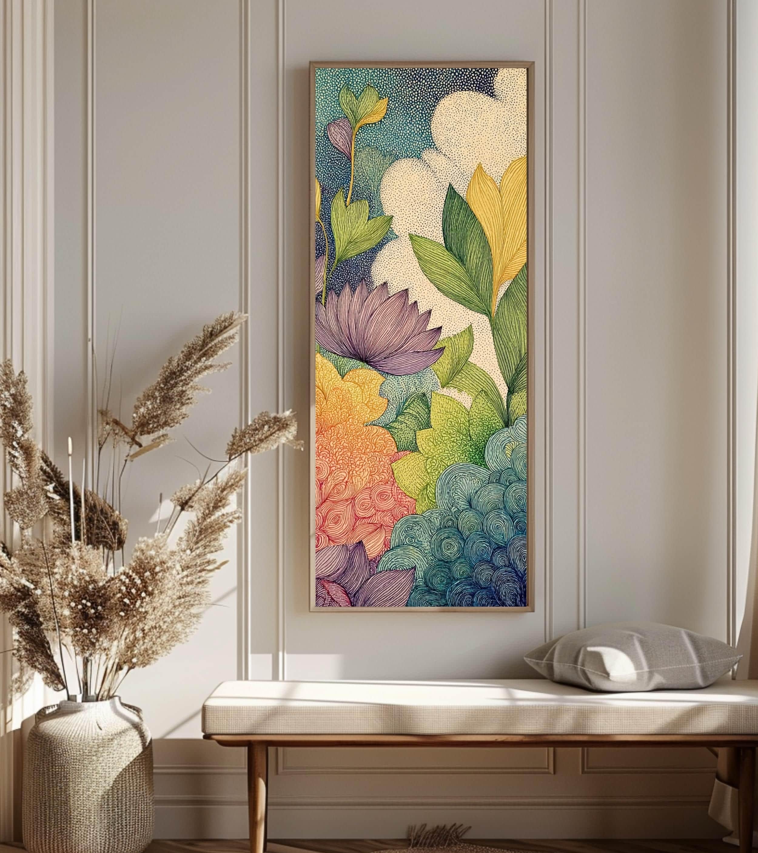 Abstract Botanical Garden Wall Art, Tall Vertical Framed Canvas, Colorful Floral Illustration, Modern Nature Decor