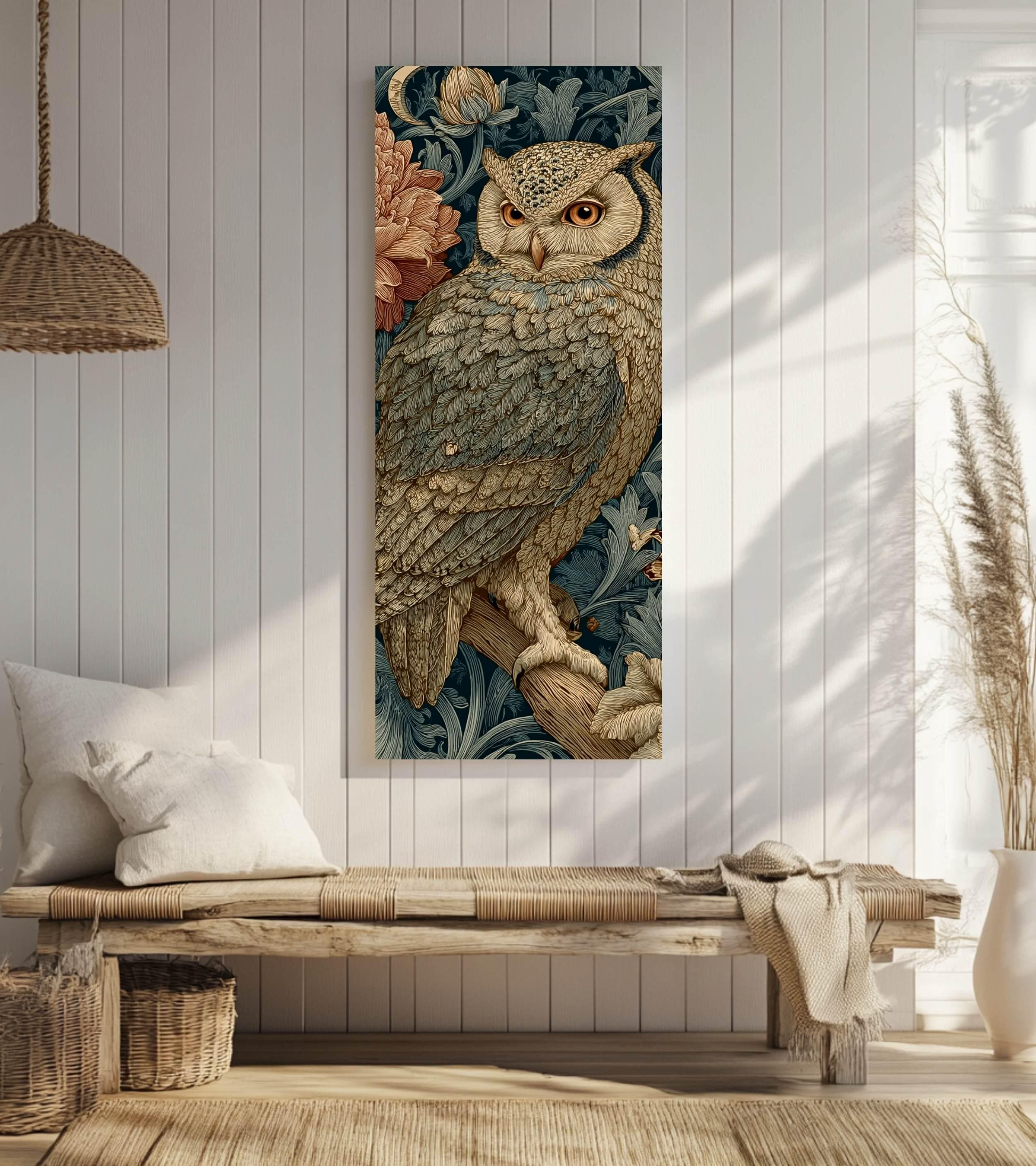 Vintage Style Owl Wall Art, Tall Vertical Framed Canvas, Ornate Woodland Bird Illustration, Dark Moody Decor