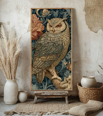 Vintage Style Owl Wall Art, Tall Vertical Framed Canvas, Ornate Woodland Bird Illustration, Dark Moody Decor