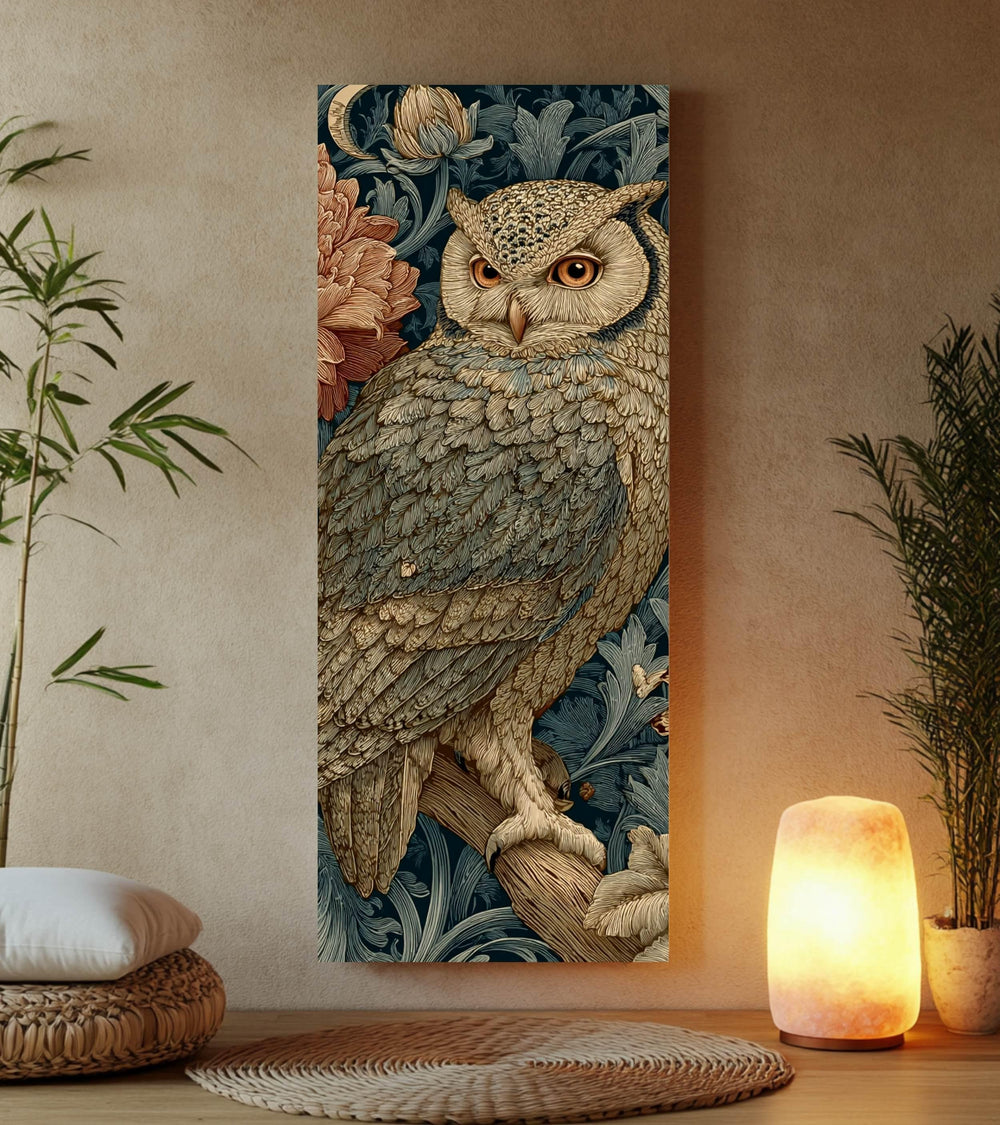 Vintage Style Owl Wall Art, Tall Vertical Framed Canvas, Ornate Woodland Bird Illustration, Dark Moody Decor