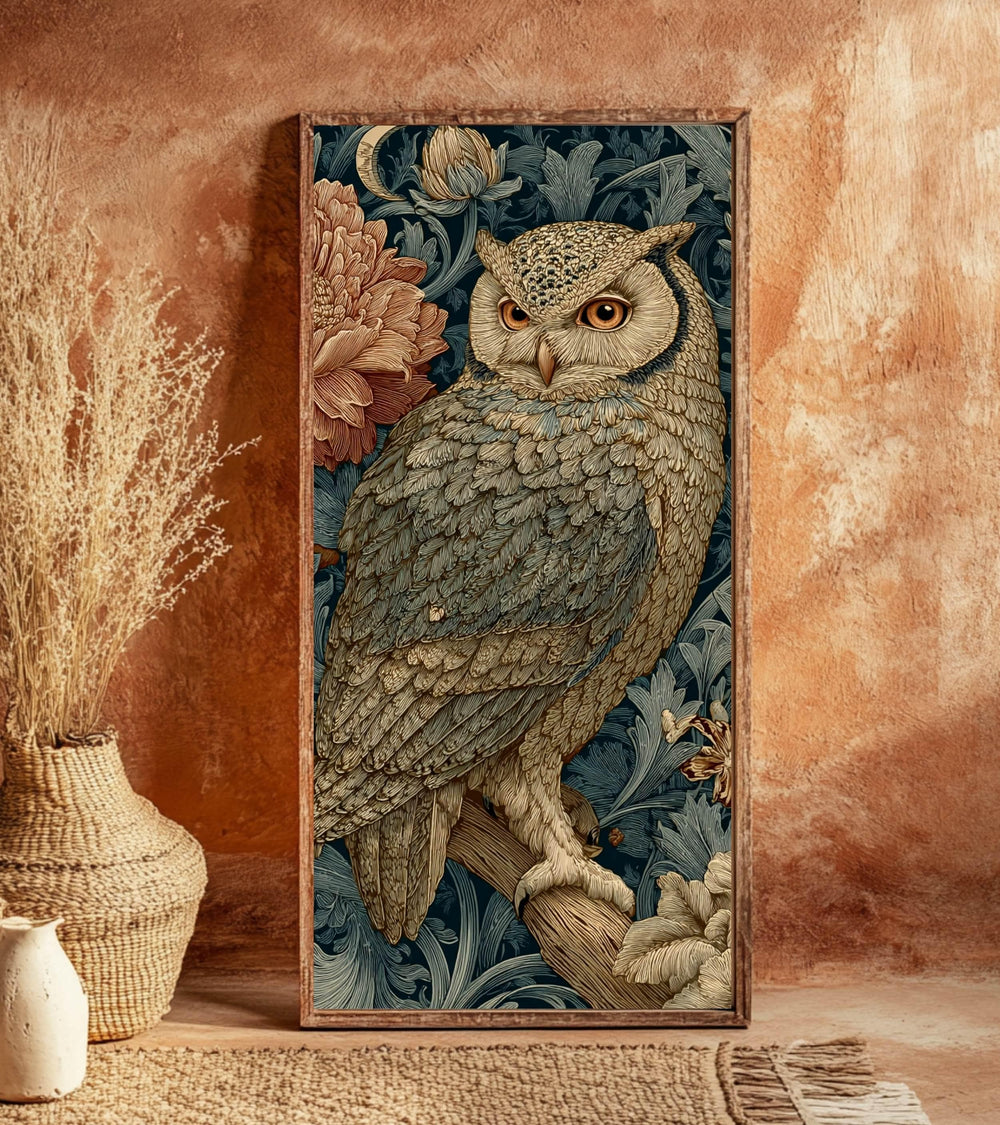 Vintage Style Owl Wall Art, Tall Vertical Framed Canvas, Ornate Woodland Bird Illustration, Dark Moody Decor