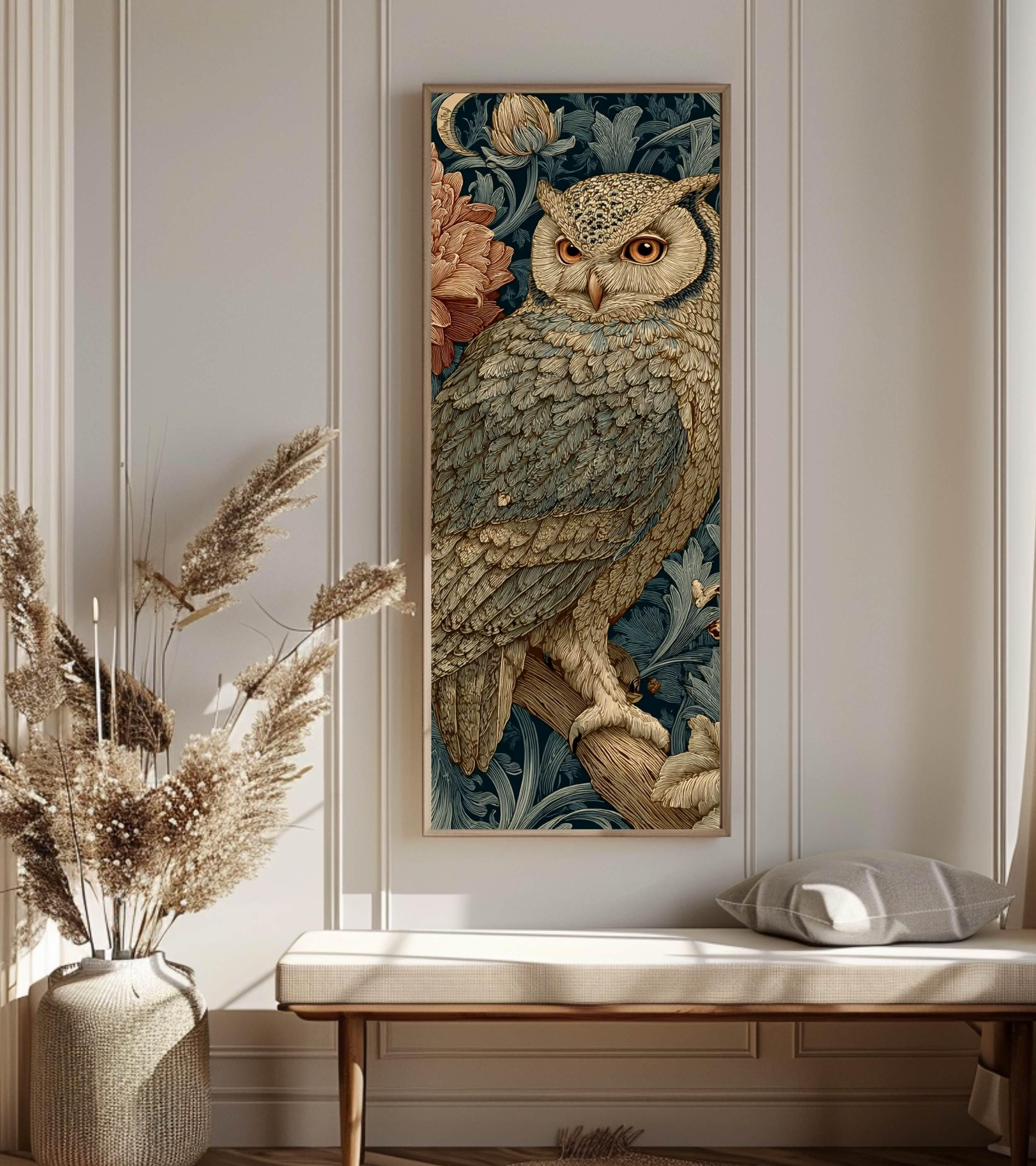 Vintage Style Owl Wall Art, Tall Vertical Framed Canvas, Ornate Woodland Bird Illustration, Dark Moody Decor