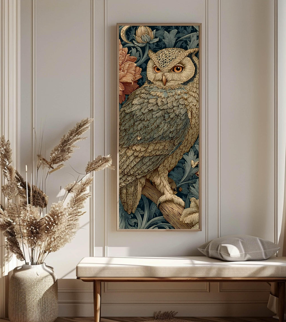Vintage Style Owl Wall Art, Tall Vertical Framed Canvas, Ornate Woodland Bird Illustration, Dark Moody Decor
