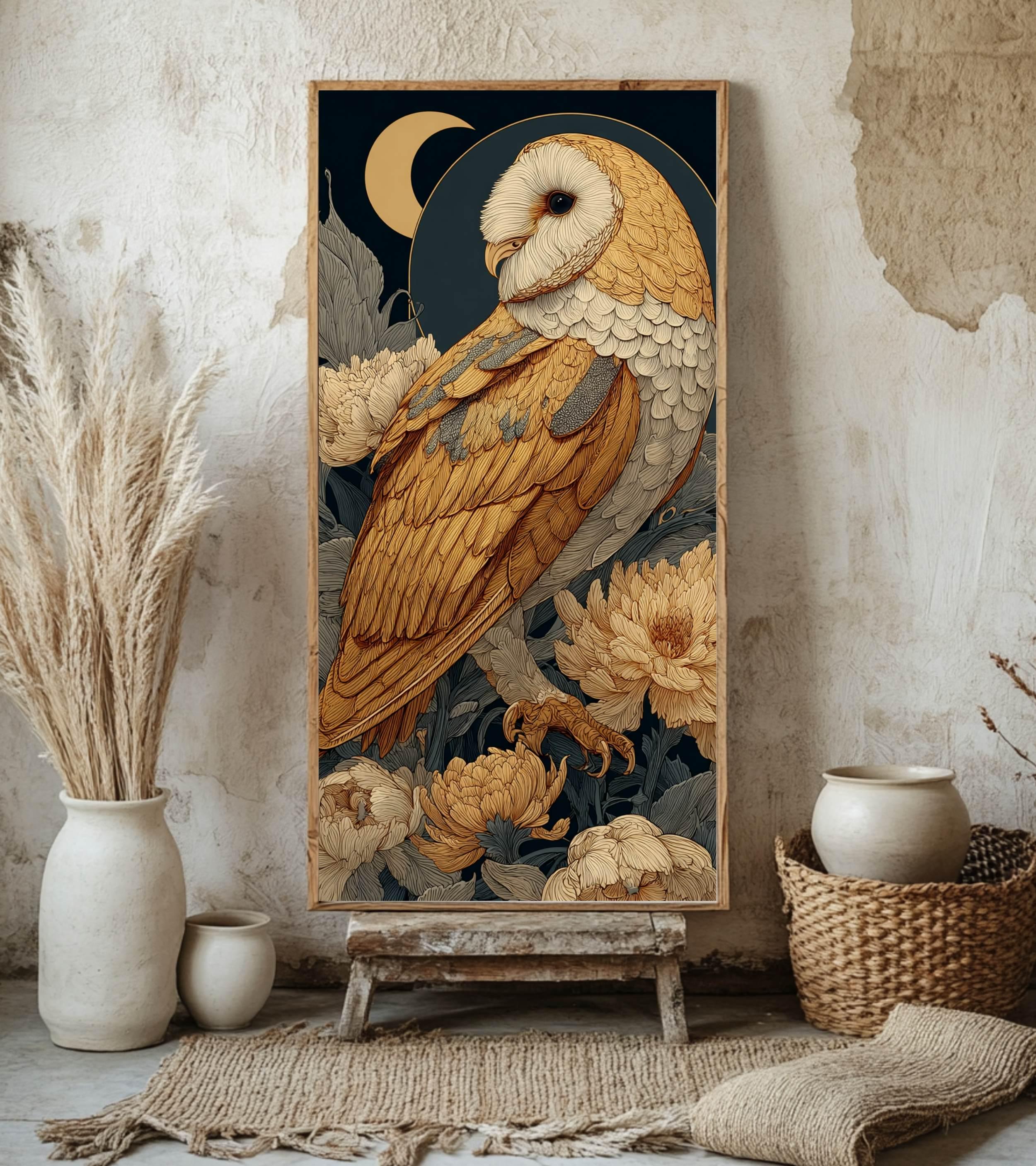 Golden Barn Owl Wall Art, Tall Vertical Framed Canvas, Celestial Bird Illustration, Elegant Nature Decor