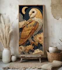Golden Barn Owl Wall Art, Tall Vertical Framed Canvas, Celestial Bird Illustration, Elegant Nature Decor