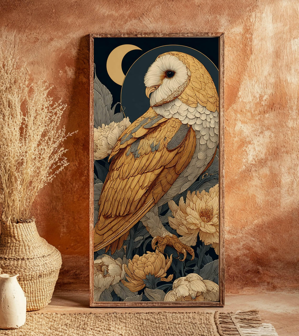 Golden Barn Owl Wall Art, Tall Vertical Framed Canvas, Celestial Bird Illustration, Elegant Nature Decor