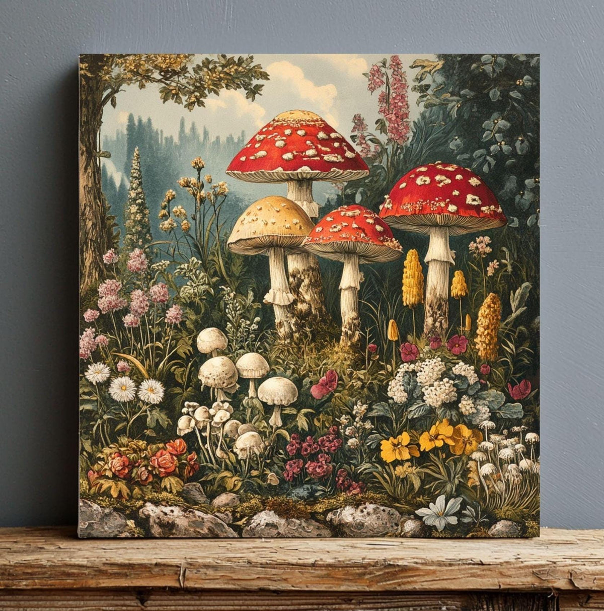 Vintage Mushroom Canvas Wall Art, Mushrooms in Forest Print, Cottagecore Home Decor Painting