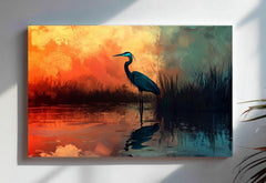 Sunset Heron Wooden Canvas Wall Art, Coastal Bird Silhouette Print, Serene Wetland Landscape Painting, Nature Inspired Rustic Home Decor
