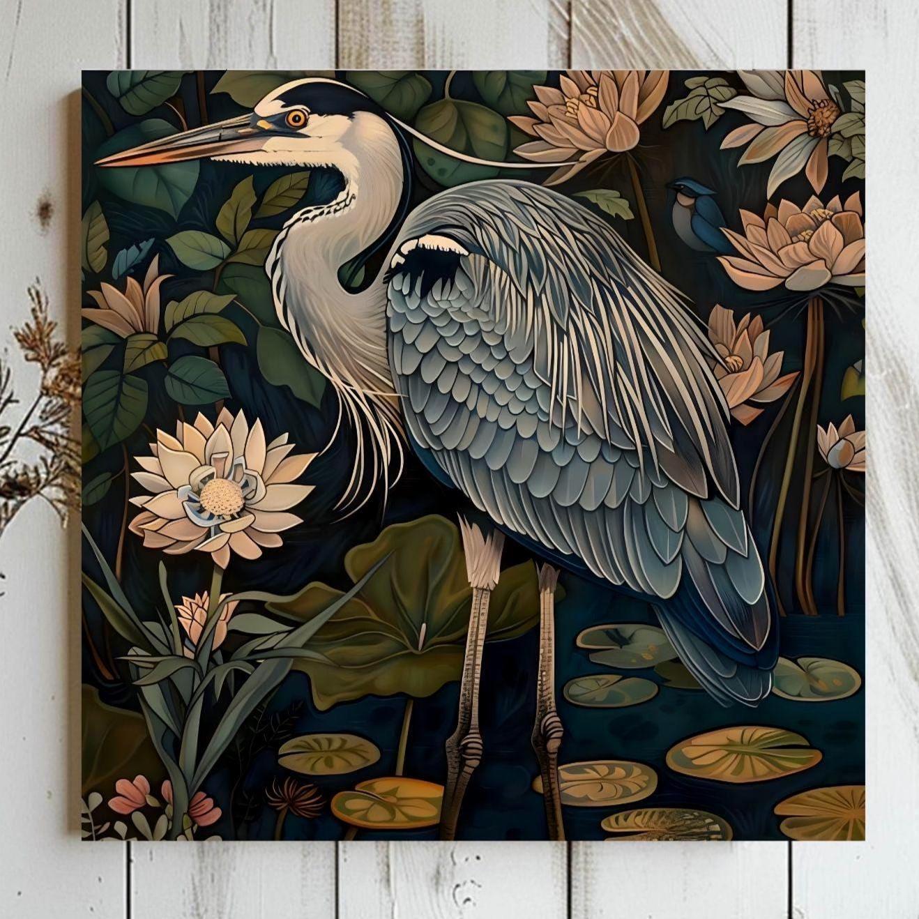 William Morris Style Blue Heron Art, Vintage Coastal Home Decor, Framed Nature Canvas Art, Vintage Inspired Illustration,Ready to Hang Decor