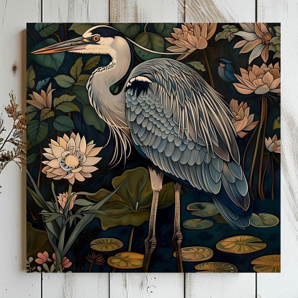 William Morris Style Blue Heron Art, Vintage Coastal Home Decor, Framed Nature Canvas Art, Vintage Inspired Illustration,Ready to Hang Decor