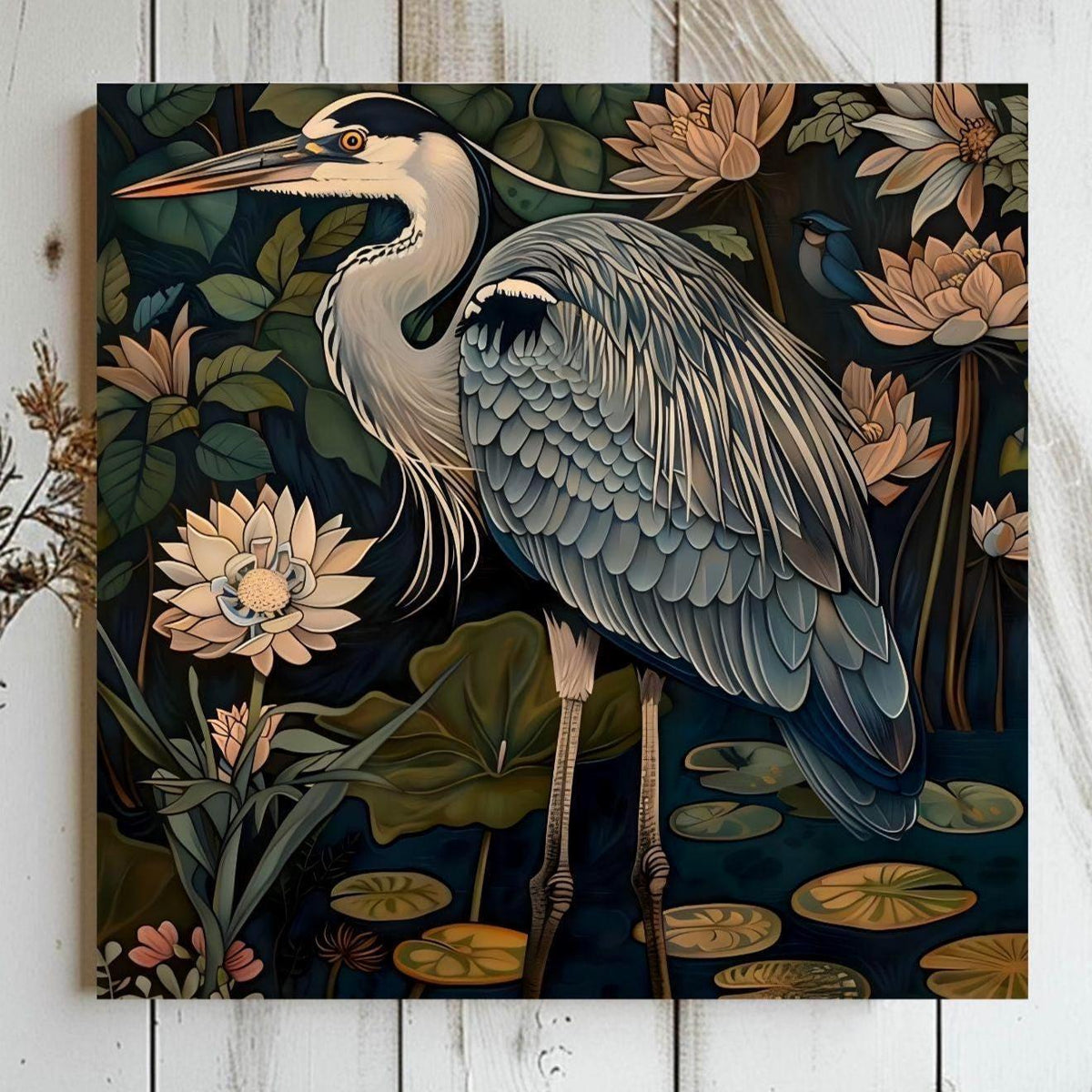 William Morris Style Blue Heron Art, Vintage Coastal Home Decor, Framed Nature Canvas Art, Vintage Inspired Illustration,Ready to Hang Decor