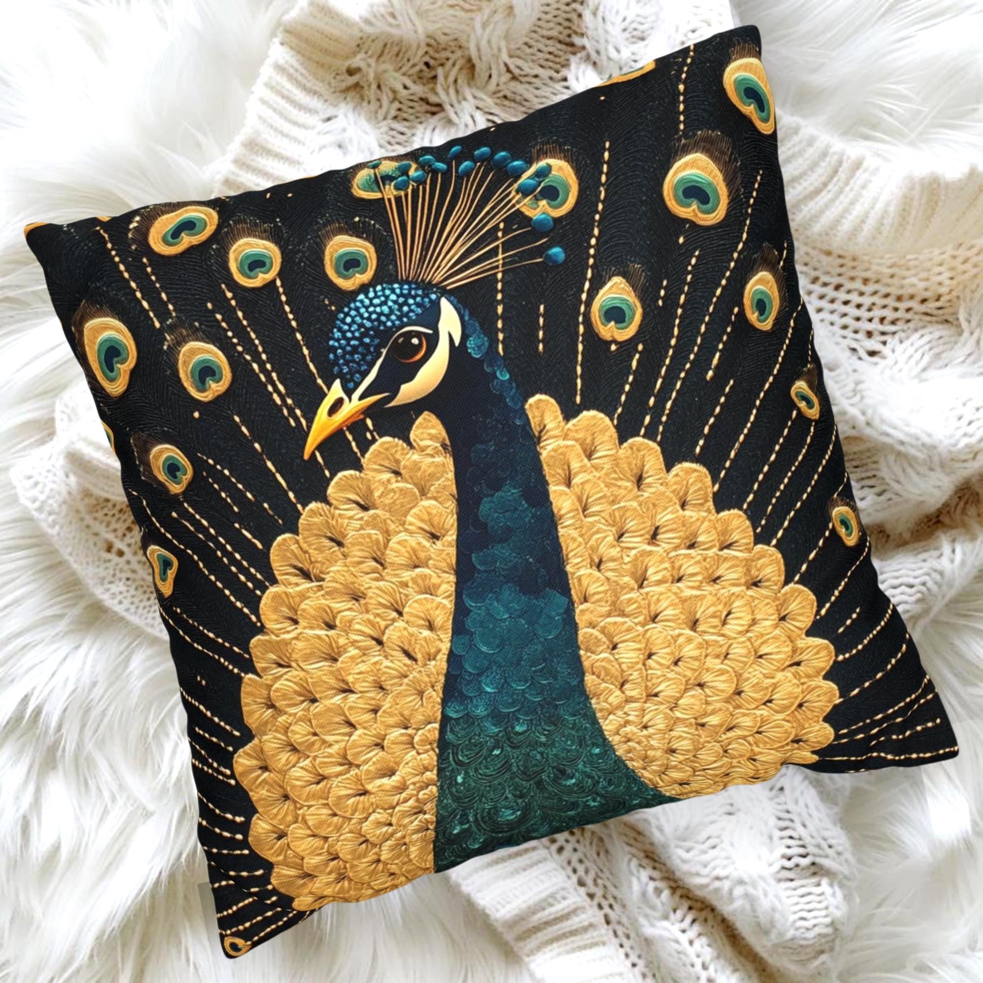 Gilded Peacock Throw Pillow, Ornate Feather Bird Cushion, Vintage Folk Art Home Decor, Elegant Botanical Accent Pillow