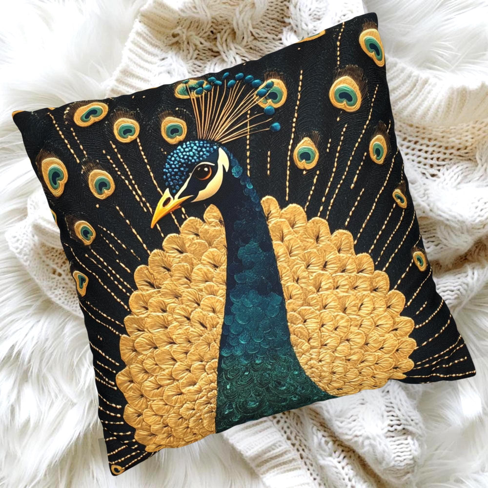 Gilded Peacock Throw Pillow, Ornate Feather Bird Cushion, Vintage Folk Art Home Decor, Elegant Botanical Accent Pillow