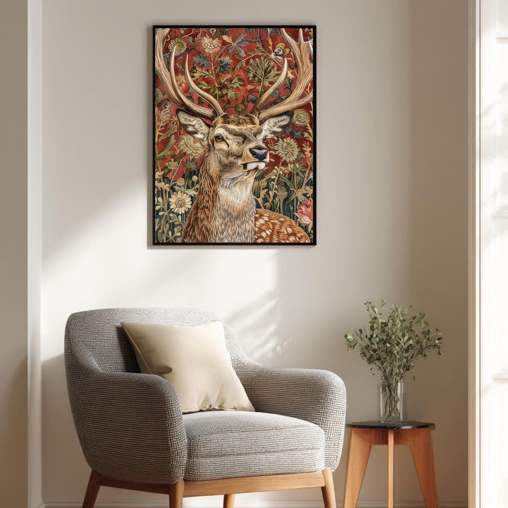 Deer Wall Art, William Morris Style Stag Poster, Botanical Floral Animal Print, Dark Academia Decor, Forest Nature, Deer Framed Canvas