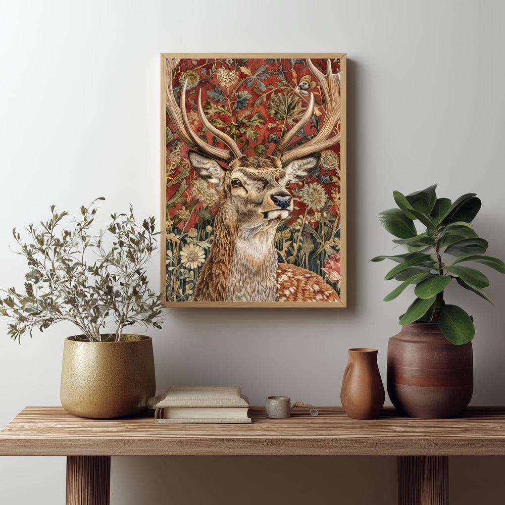 Deer Wall Art, William Morris Style Stag Poster, Botanical Floral Animal Print, Dark Academia Decor, Forest Nature, Deer Framed Canvas