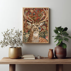 Deer Wall Art, William Morris Style Stag Poster, Botanical Floral Animal Print, Dark Academia Decor, Forest Nature, Deer Framed Canvas