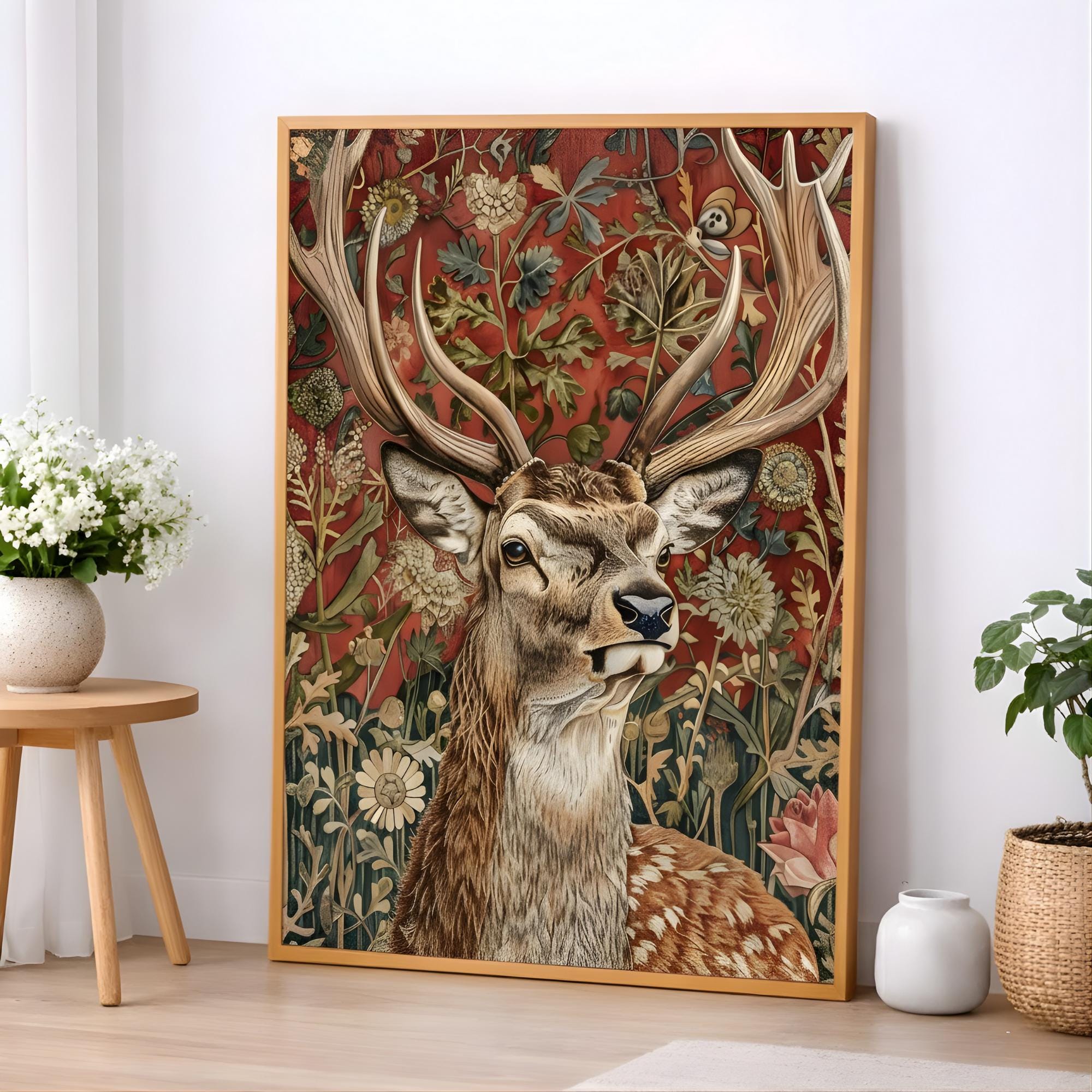 Deer Wall Art, William Morris Style Stag Poster, Botanical Floral Animal Print, Dark Academia Decor, Forest Nature, Deer Framed Canvas