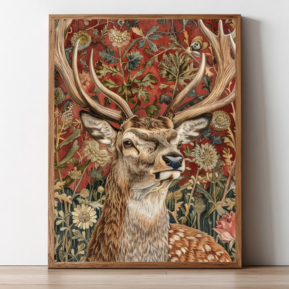 Deer Wall Art, William Morris Style Stag Poster, Botanical Floral Animal Print, Dark Academia Decor, Forest Nature, Deer Framed Canvas