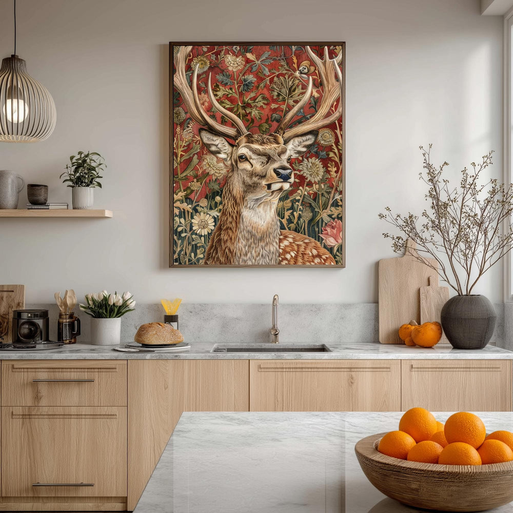 Deer Wall Art, William Morris Style Stag Poster, Botanical Floral Animal Print, Dark Academia Decor, Forest Nature, Deer Framed Canvas