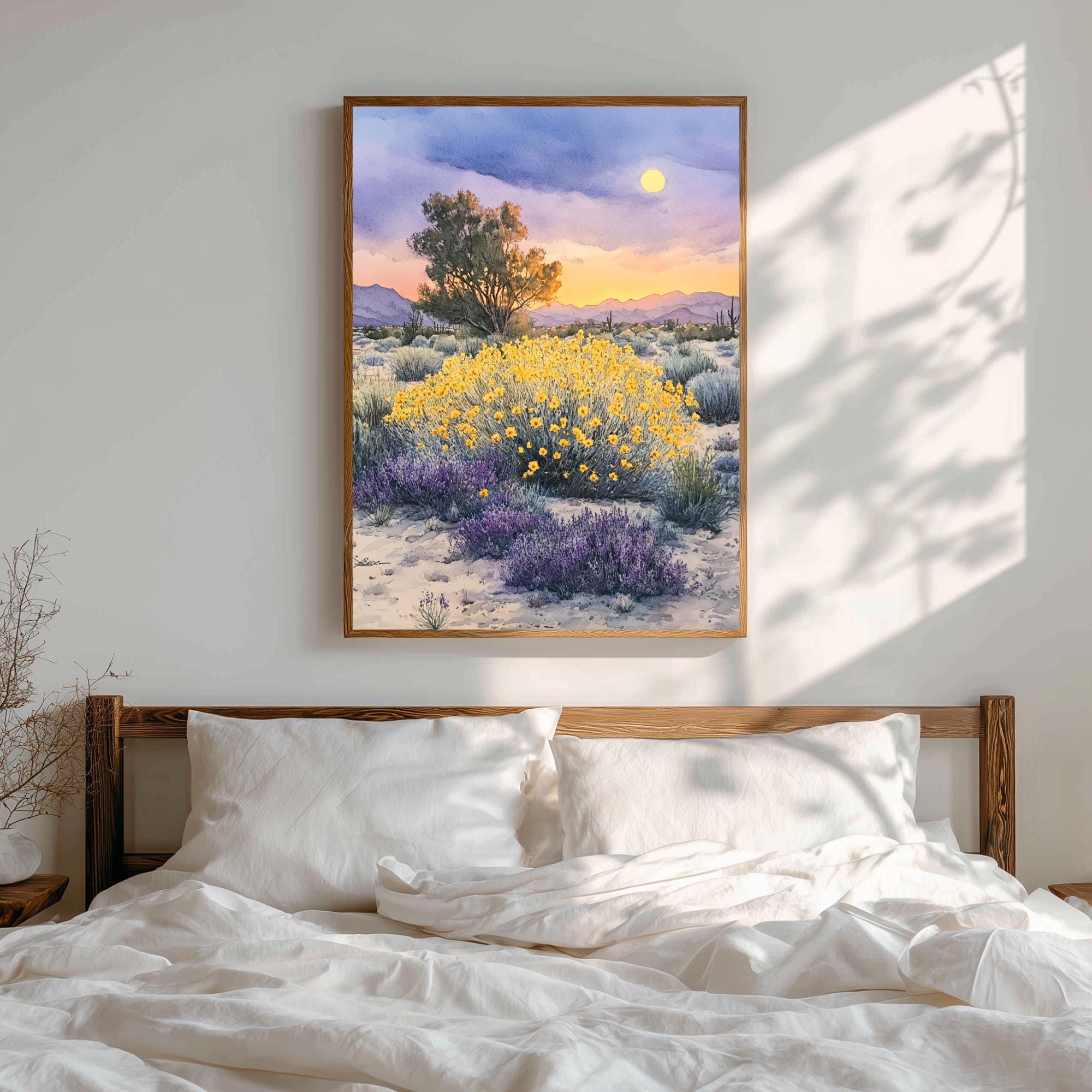 Desert Wildflower Wall Art, Saguaro Sunset Canvas Print, Southwest Landscape Poster, Framed Floral Nature Painting, Serene Nature Home Decor