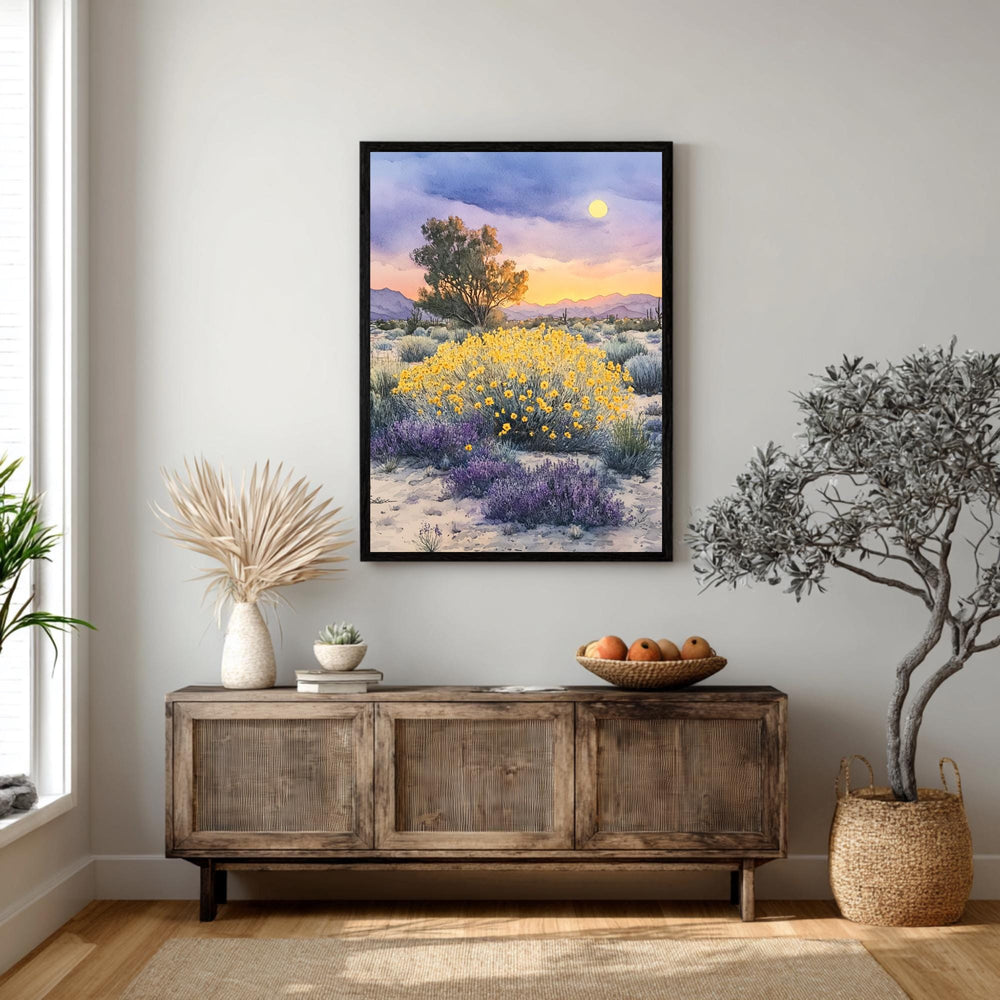 Desert Wildflower Wall Art, Saguaro Sunset Canvas Print, Southwest Landscape Poster, Framed Floral Nature Painting, Serene Nature Home Decor