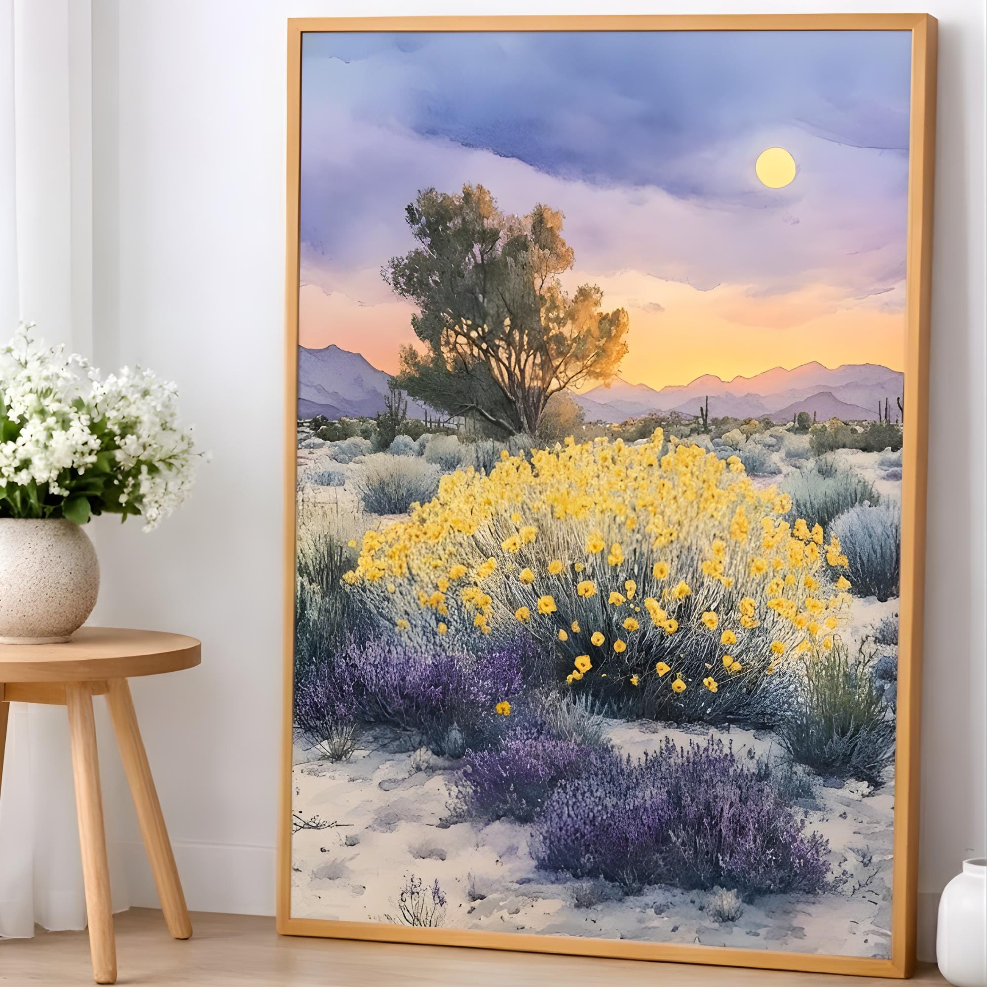 Desert Wildflower Wall Art, Saguaro Sunset Canvas Print, Southwest Landscape Poster, Framed Floral Nature Painting, Serene Nature Home Decor