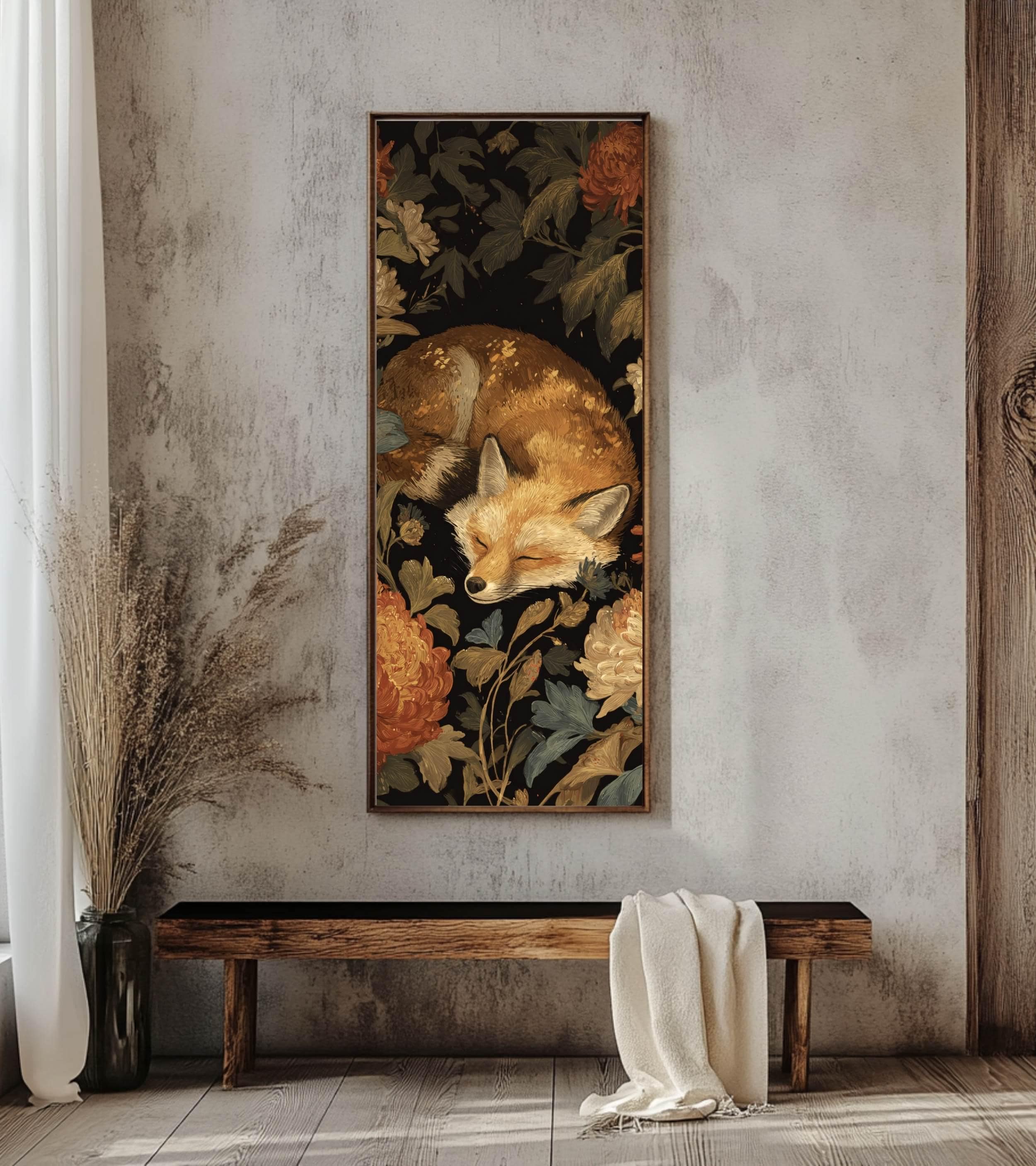 Sleeping Fox Wall Art, Tall Vertical Framed Canvas, Woodland Animal Illustration, Cozy Nature Decor