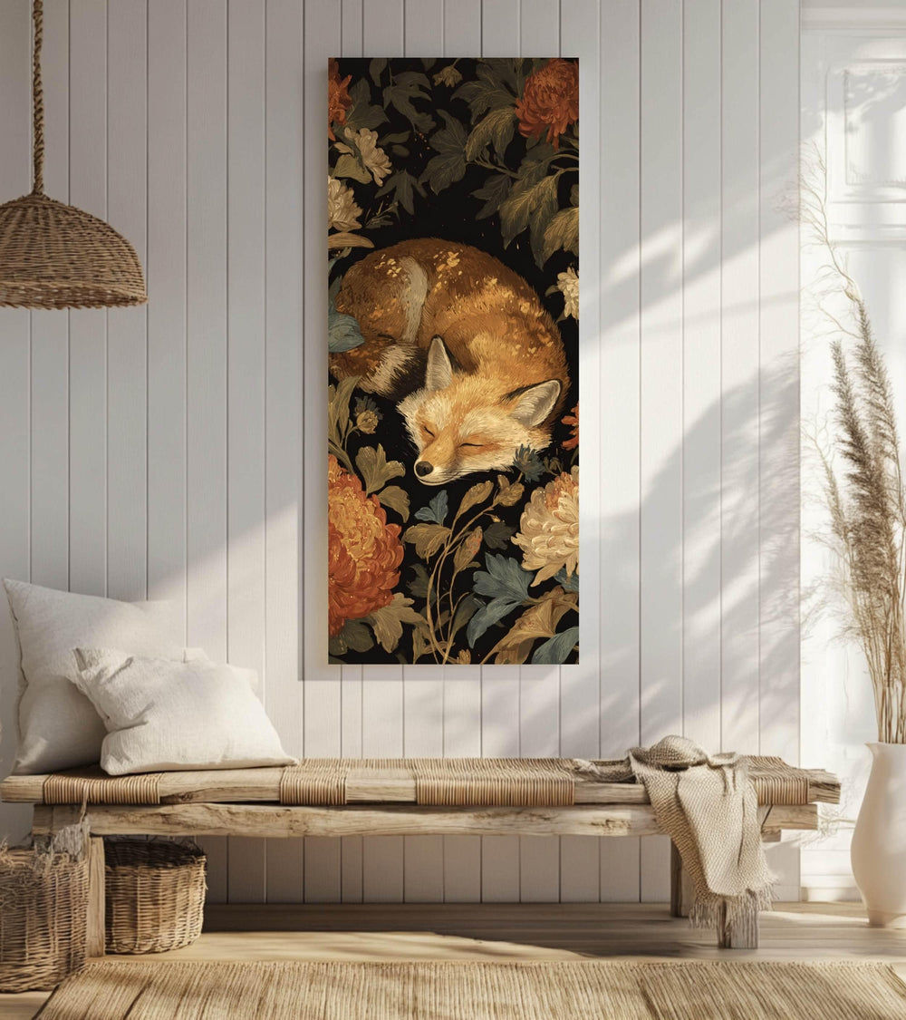 Sleeping Fox Wall Art, Tall Vertical Framed Canvas, Woodland Animal Illustration, Cozy Nature Decor