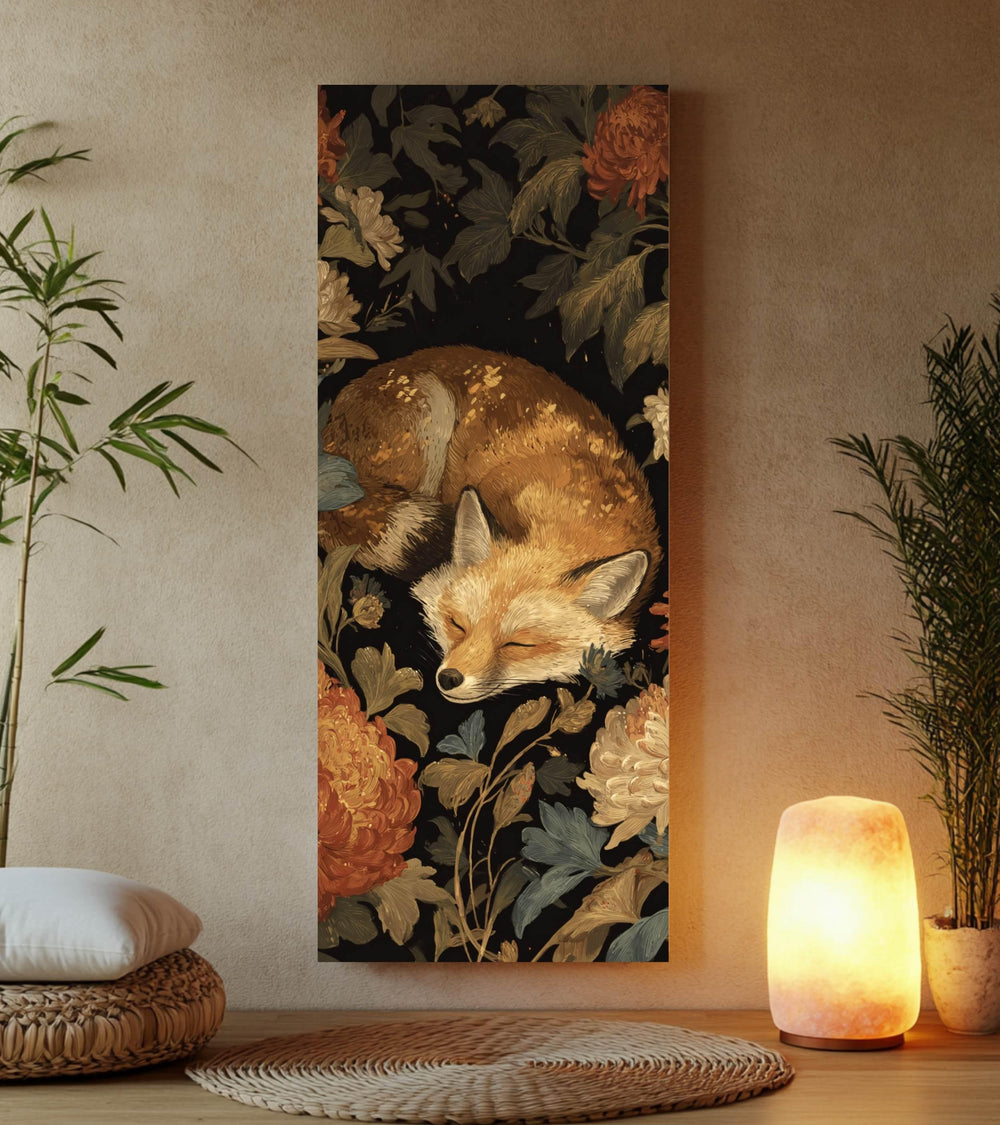 Sleeping Fox Wall Art, Tall Vertical Framed Canvas, Woodland Animal Illustration, Cozy Nature Decor