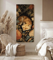 Sleeping Fox Wall Art, Tall Vertical Framed Canvas, Woodland Animal Illustration, Cozy Nature Decor