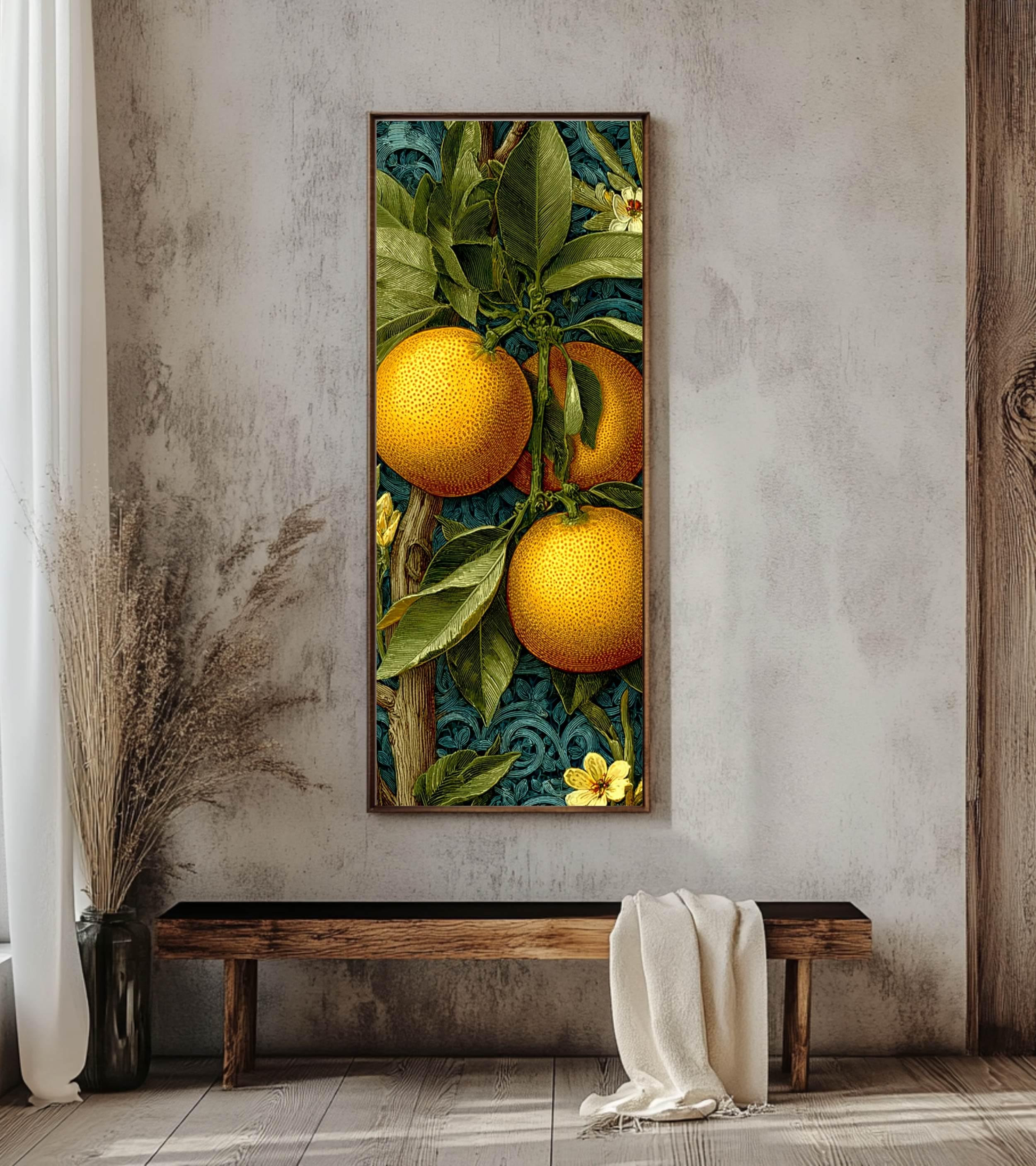 Vintage Citrus Botanical Wall Art, Tall Vertical Framed Canvas, Orange Fruit Illustration, Classic Kitchen Decor