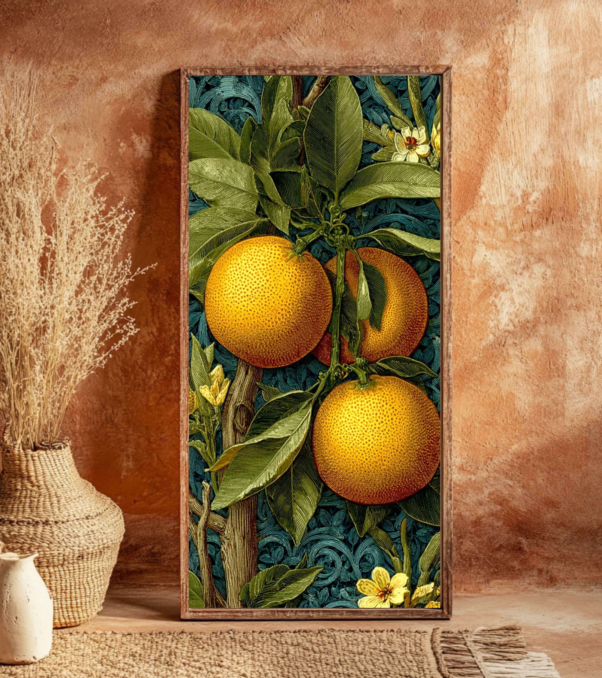 Vintage Citrus Botanical Wall Art, Tall Vertical Framed Canvas, Orange Fruit Illustration, Classic Kitchen Decor