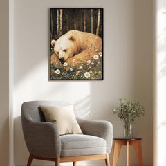 Sleeping Bear Wall Art, Vintage Forest Animal Poster, Wildflower Meadow Nursery Decor, Rustic Woodland Nature Painting, Large Canvas Print