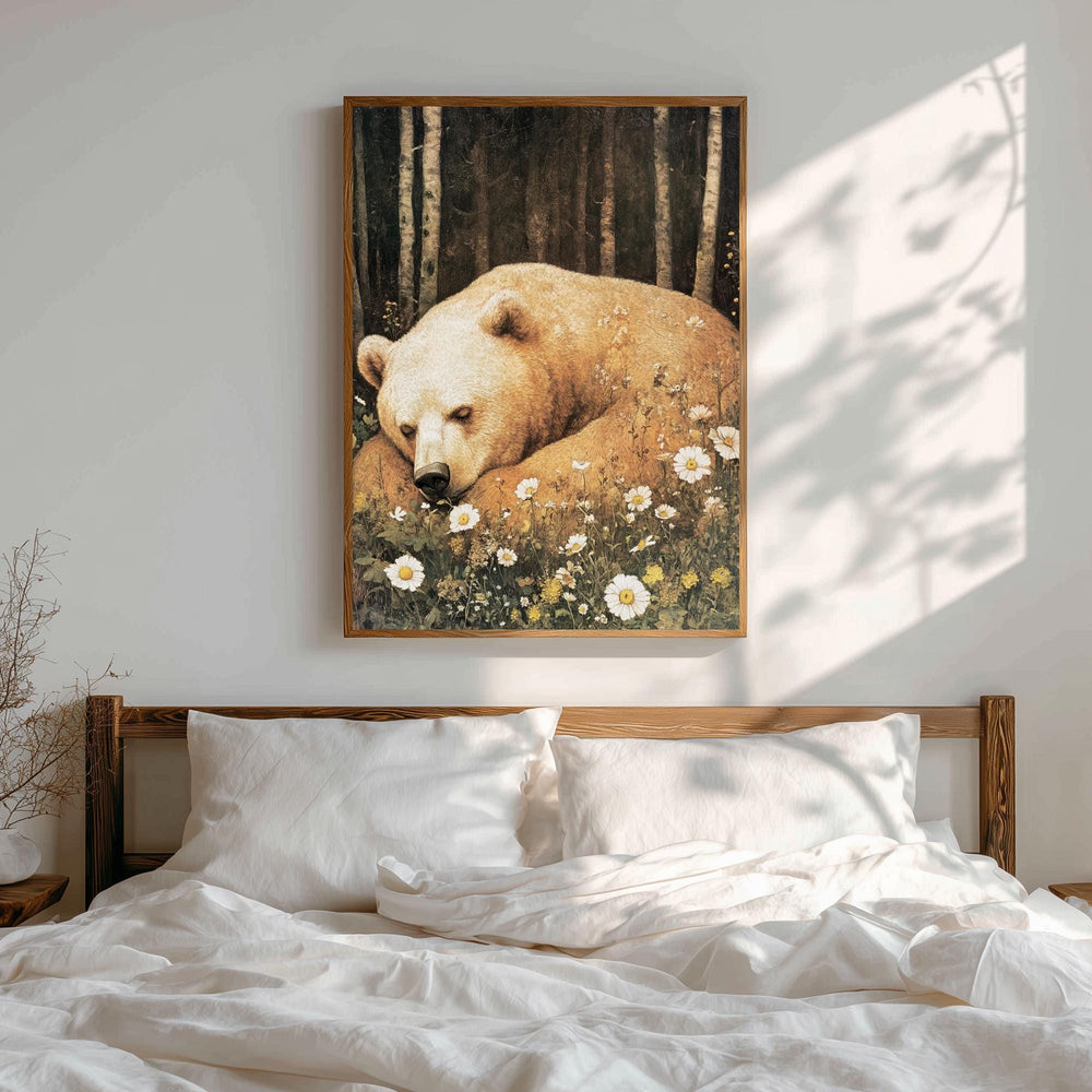 Sleeping Bear Wall Art, Vintage Forest Animal Poster, Wildflower Meadow Nursery Decor, Rustic Woodland Nature Painting, Large Canvas Print