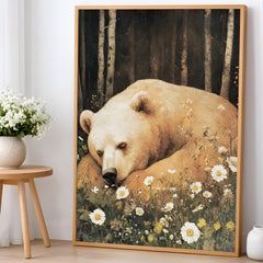 Sleeping Bear Wall Art, Vintage Forest Animal Poster, Wildflower Meadow Nursery Decor, Rustic Woodland Nature Painting, Large Canvas Print
