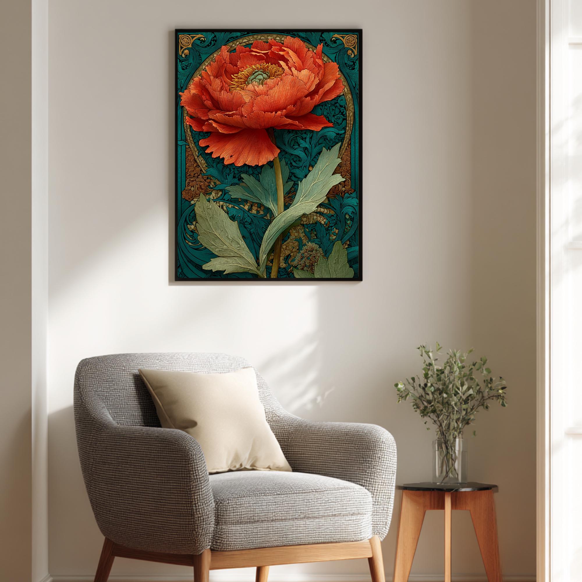 Large Floral Wall Art, Art Nouveau Poppy Print, Teal And Orange Botanical Canvas, Framed Vintage Poster, Elegant Nature Inspired Room Decor