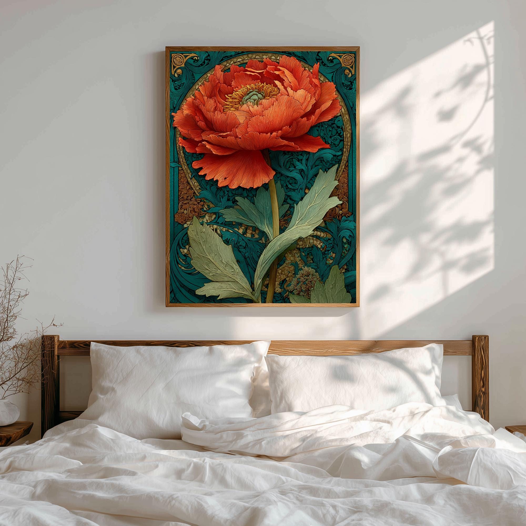 Large Floral Wall Art, Art Nouveau Poppy Print, Teal And Orange Botanical Canvas, Framed Vintage Poster, Elegant Nature Inspired Room Decor